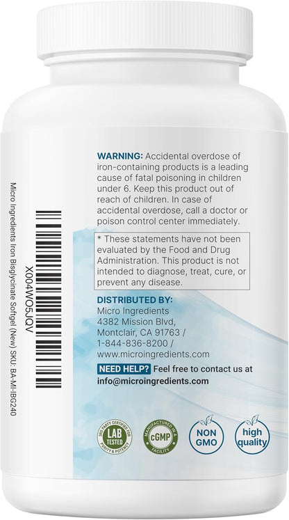 Micro Ingredients Ferrous Iron Bisglycinate 65 mg, 240 Softgels | Chelated Iron Supplement for Women & Men | Supports Red Blood Cell Production* | with Vitamin C & Black Seed Oil | Non-GMO