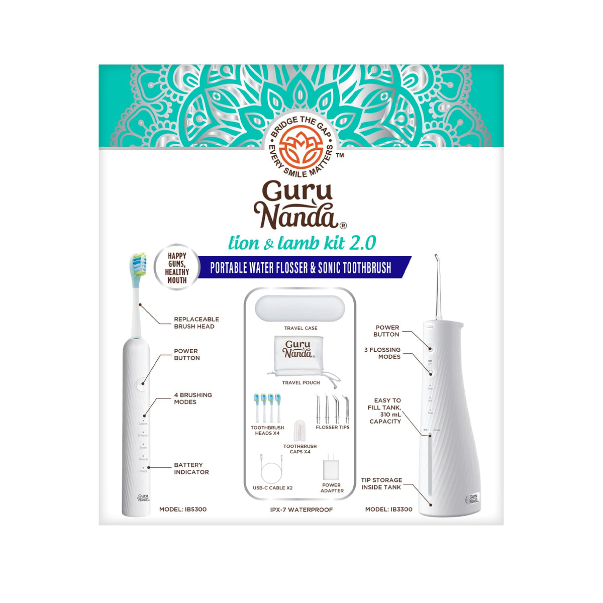 GuruNanda Electric Toothbrush & Water Flosser, 4 Toothbrush Heads, 4 Tips