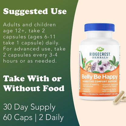 RidgeCrest Herbals Belly Be Happy Probiotic Gut Health Formula 60 Ct | 30 Servings, 4 Billion CFUs, Ginger Root, Peppermint, Slippery Elm, Daily Digestive Comfort and Gut Wellness Blend