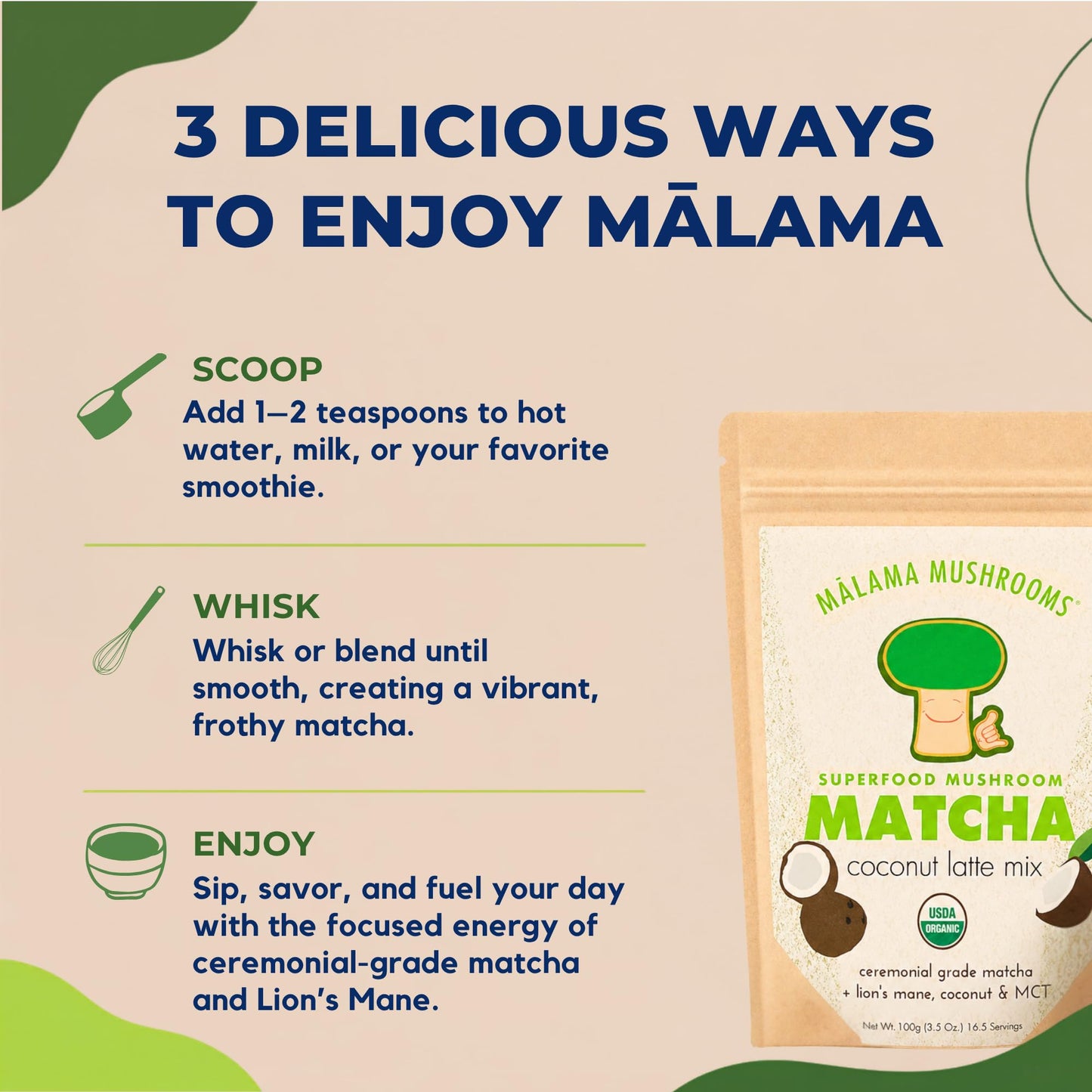 Malama Ceremonial Grade Matcha Powder - Premium Japanese Matcha Green Tea Powder with Organic Lion’s Mane Extract - Organic, Gluten-Free, Vegan, & Unsweetened (2.1 oz) for Energy & Focus