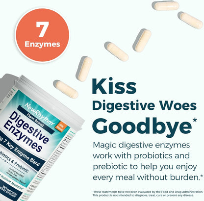NewRhythm Digestive Enzymes 490 mg, with Probiotics & Prebiotic, Plant Based, 7 Key Enzymes, Digestion, Nutrient Absorption, Protease Amylase & Lipase, 120 Vegan Capsules