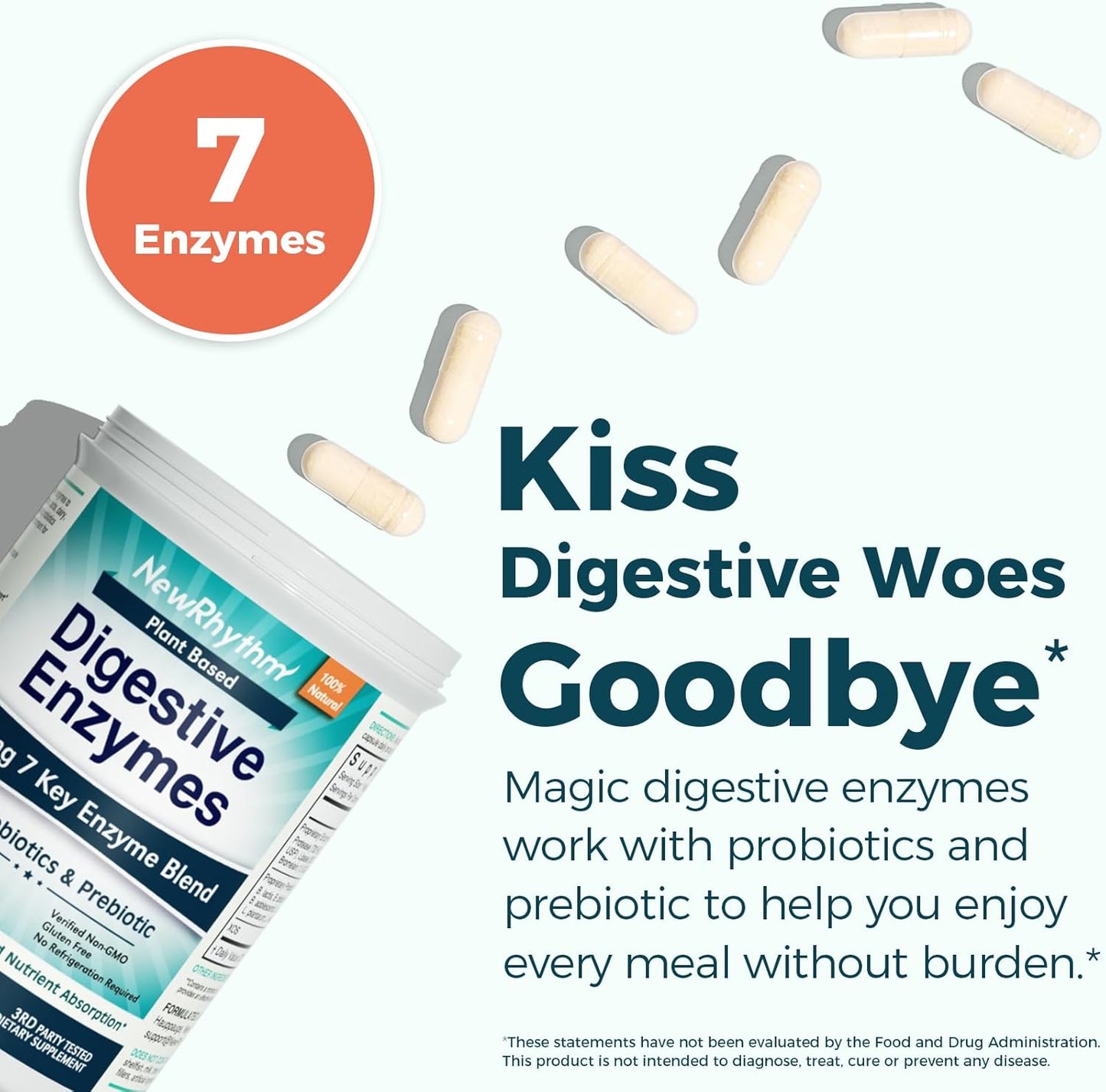 NewRhythm Digestive Enzymes 245 mg, with Probiotics and Prebiotics, Plant Based, 7 Key Enzymes, Digestion, Nutrient Absorption, Protease Amylase & Lipase, 60 Vegan Capsules