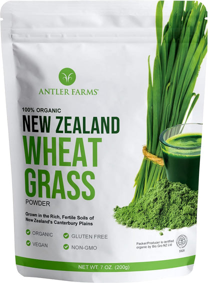 Antler Farms - 100% Pure Organic New Zealand Wheatgrass Powder, 40 Servings, 200g - Raw, Vegan, Gluten Free, Nutrient Rich, High Chlorophyll Wheat Grass, Detox, Essential Amino Acids, Minerals | 100% Pure, Raw, Vegan, Gluten Free, Nutrient Rich, High Chlo