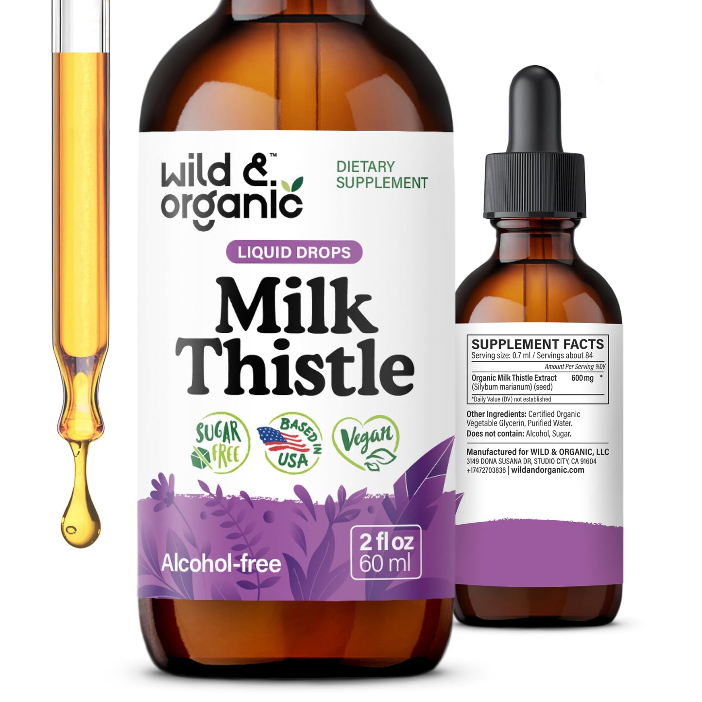 Wild & Organic Milk Thistle Liquid Drops - Liver Cleanse Detox - Silymarin Milk Thistle Supplement for Liver Support - Add to Tea - Silybum Marianum Seed Extract Tincture - Sugar & Alcohol-Free - 4 oz