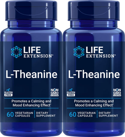 Life Extension L-Theanine, Amino Acid theanine, Calm, Relaxation, Mood, Gluten-Free, Non-GMO, Vegetarian, 200 mg, 60 Capsules | Amino Acid Theanine for Calm, Relaxation & Mood, Gluten-Free, Non-GMO & Vegetarian, 100 mg, 60 Capsules