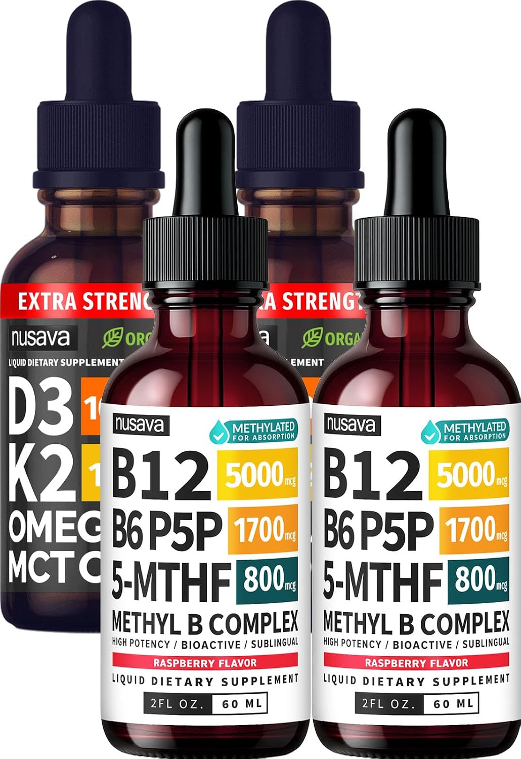 NUSAVA (2-Pack) Methylated B Complex Liquid Drops Raspberry and (2-Pack) Xtra Strength Vitamin D3 K2 Drops - Methylfolate B12 and High Potency Liquid D3 for Bone and Daily Energy Support