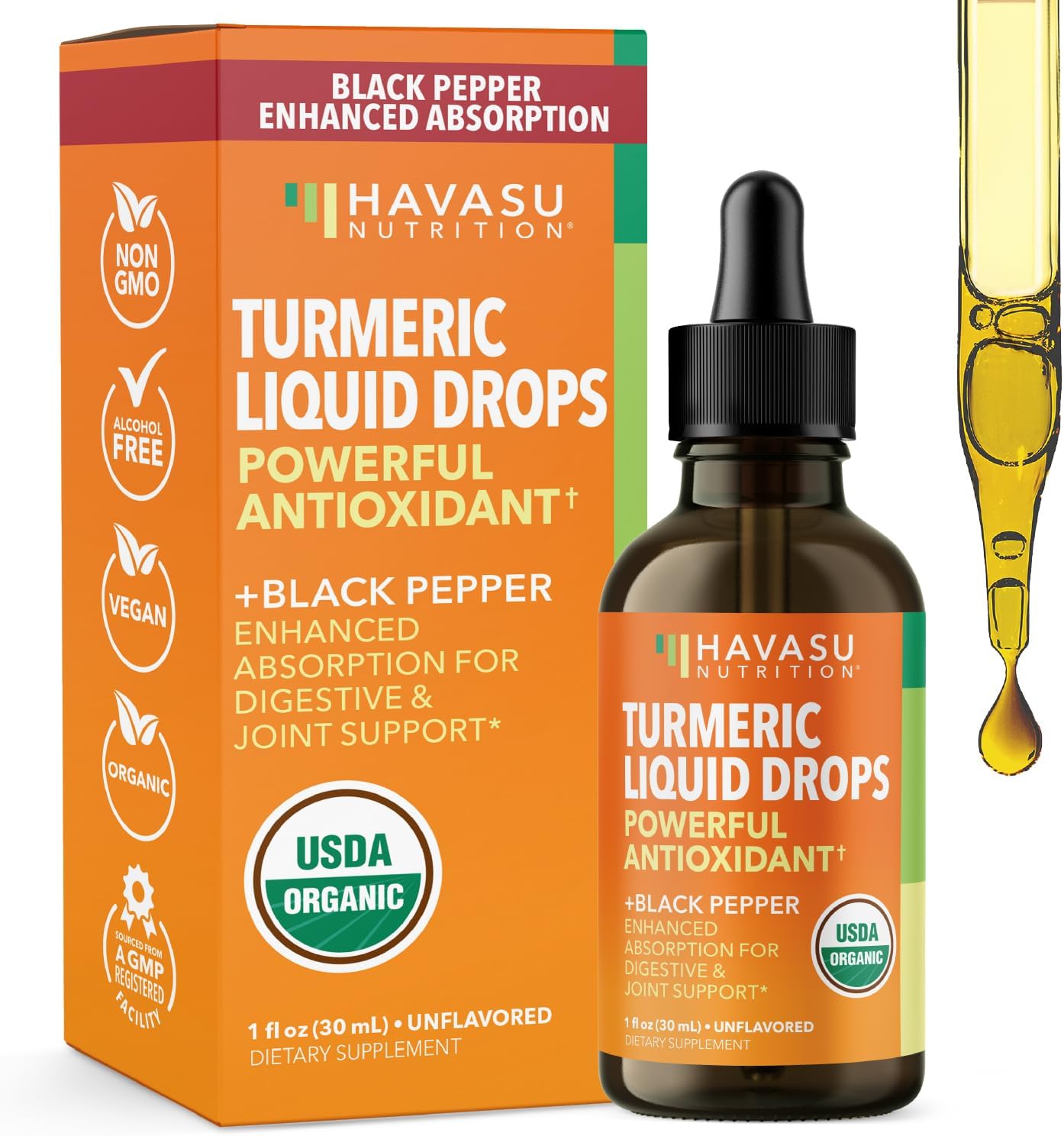 Organic Turmeric Supplement Liquid Drops, Unflavored,1 Fl Oz, 30 Servings | Liquid Turmeric with Black Pepper, USDA Certified, Vegan, Non-GMO 1000mg Curcumin for Movement and Immune Support