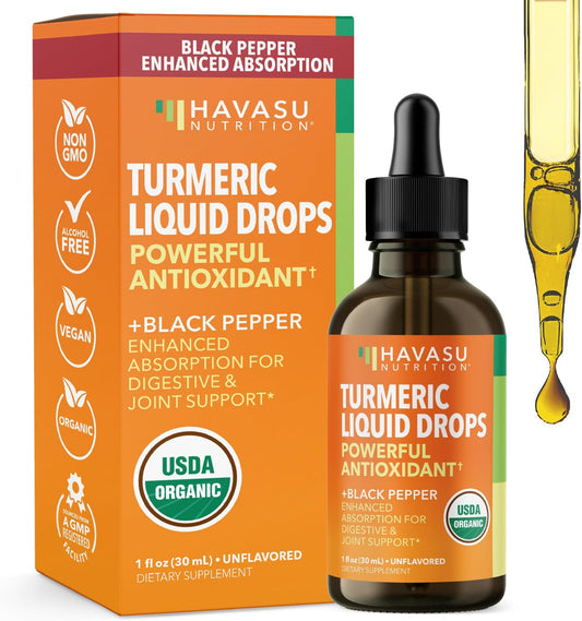 Organic Turmeric Supplement Liquid Drops, Unflavored,1 Fl Oz, 30 Servings | Liquid Turmeric with Black Pepper, USDA Certified, Vegan, Non-GMO 1000mg Curcumin for Movement and Immune Support