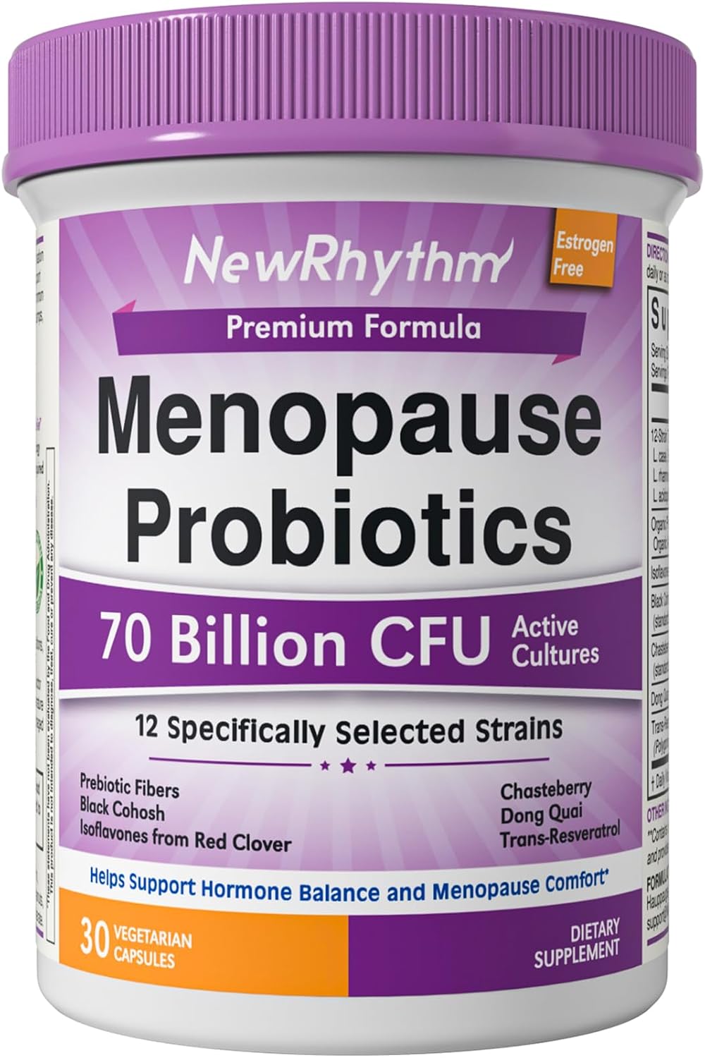 NewRhythm Menopause Probiotics for Women, 7-in-1 Relief, Prebiotics, Black Cohosh Trans-Resveratrol Chasteberry Red Clover Dong Quai, Hot Flashes Night Sweats, No Soy, No Estrogen, 30 Ct