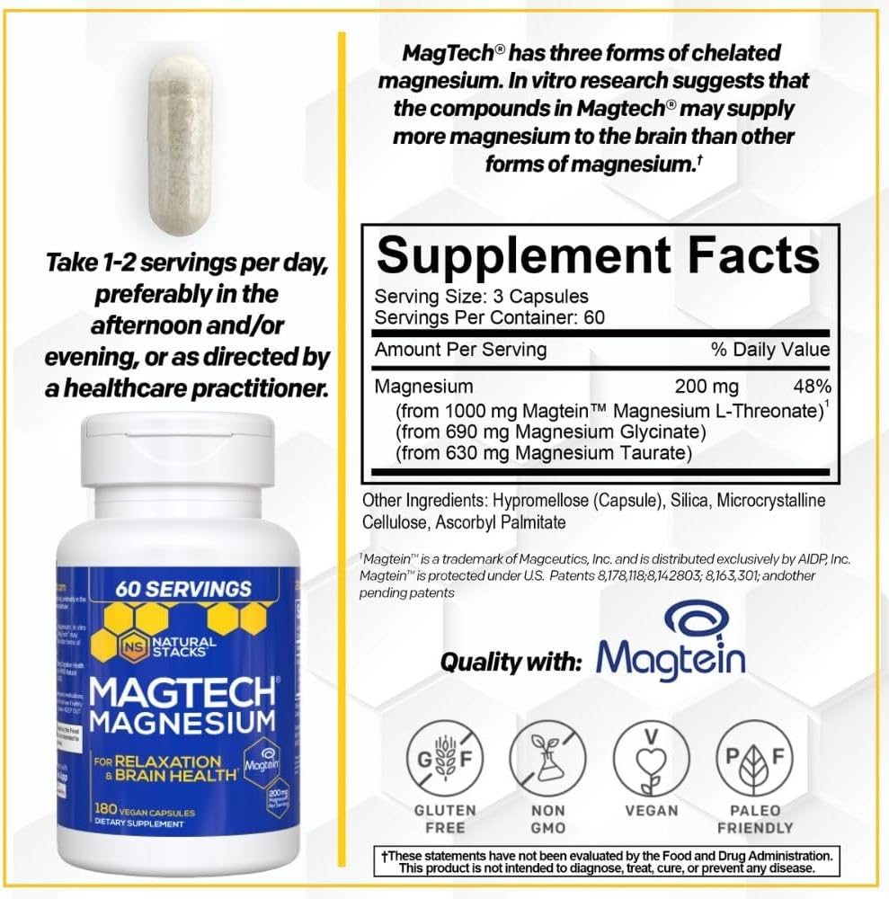 Magtech Magnesium Capsules + Hydration Creatine Powder Lemon Lime Bundle - 3 Forms of Magnesium - Featuring Magtein L-Threonate - Brain Health & Hydration Support* - 74 Total Servings