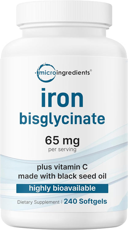 Micro Ingredients Ferrous Iron Bisglycinate 65 mg, 240 Softgels | Chelated Iron Supplement for Women & Men | Supports Red Blood Cell Production* | with Vitamin C & Black Seed Oil | Non-GMO