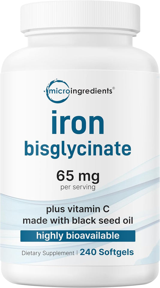 Micro Ingredients Ferrous Iron Bisglycinate 65 mg, 240 Softgels | Chelated Iron Supplement for Women & Men | Supports Red Blood Cell Production* | with Vitamin C & Black Seed Oil | Non-GMO