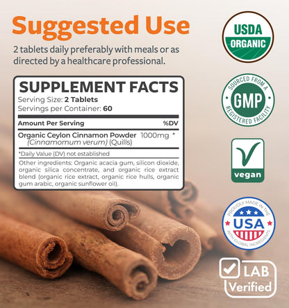 USDA Organic Ceylon Cinnamon Pills - High Potency Ceylon Cinnamon Supplement with 1000mg per Serving for Full Body Antioxidant Support - Vegan Non-GMO cGMP Made & Lab Verified (2 Months Supply)