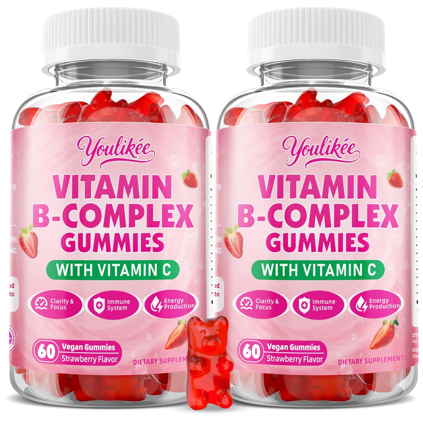 Vitamin B-Complex Gummies for Women & Men, Strawberry Flavor, 60 Count | Methyl B12, B1, B2, B3, B5, B6, B7 & B9 - Vitamin B Complex with Vitamin C for Energy, Brain & Immune Support