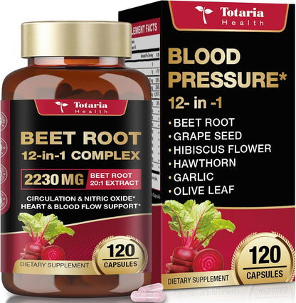 Totaria Beetroot Capsules 2230mg Support Blood Pressure & Heart Health, Nitric Oxide Supplement with Grape Seed, Hawthorn, Garlic & CoQ10, Blood Flow Beet Root Powder | 120 Count