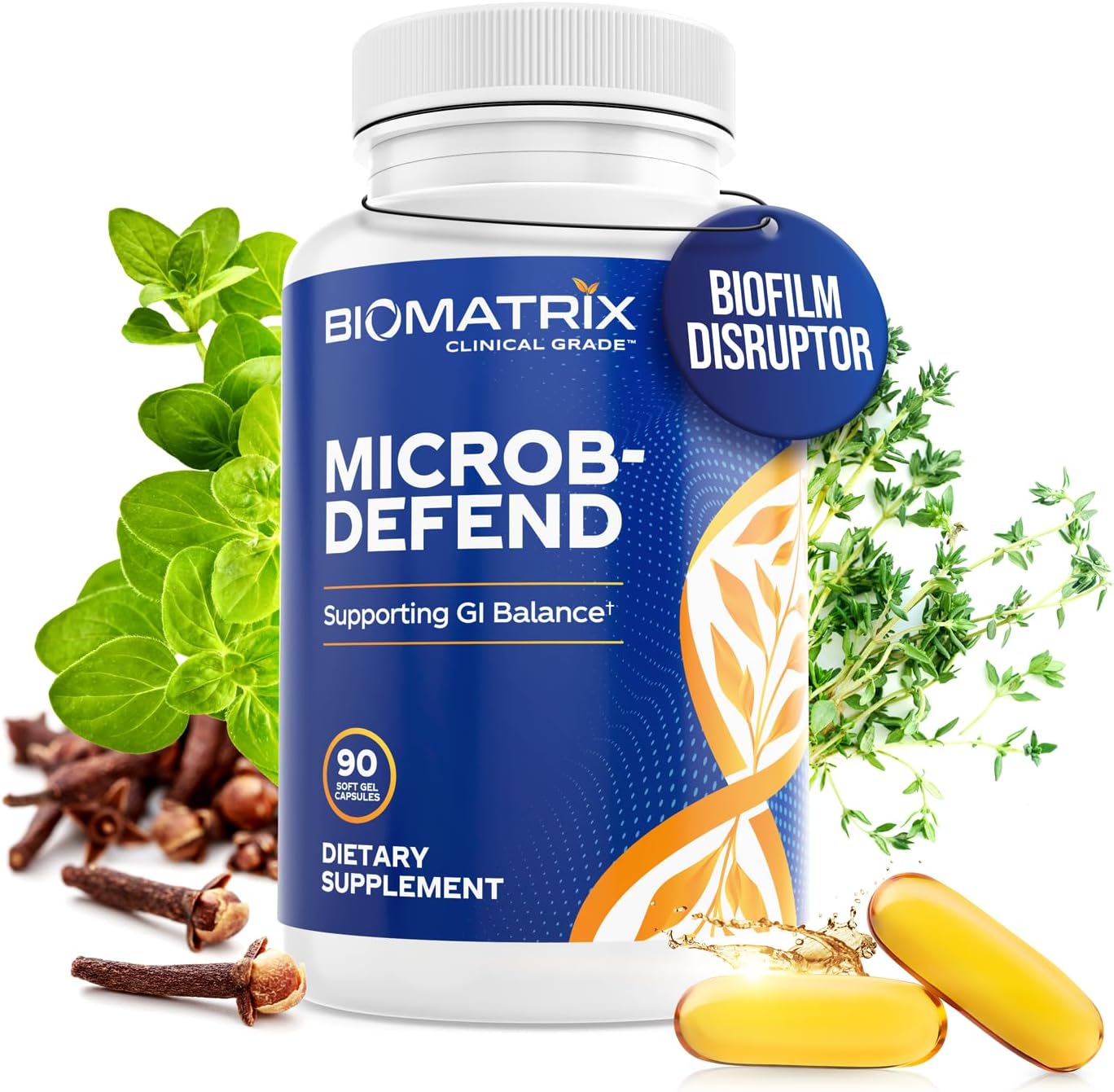 Biofilm Disruptor, GI Repair Digestive Supplement for Men and Women, Oil of Thyme, Oregano & Clove, Gut Microbiome & Intestinal Health Support | Microb-Defend (90 Softgels)