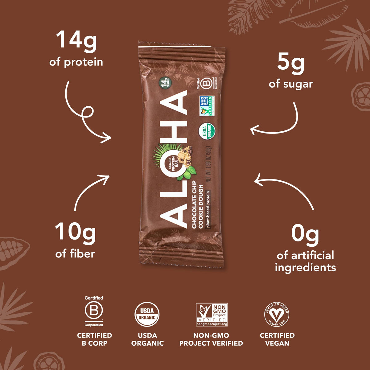 ALOHA Organic Plant Based Protein Bars - Chocolate Chip Cookie Dough - 12 Count, 1.9oz
