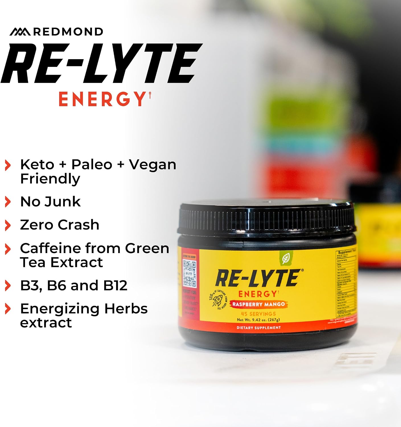 Redmond Re-Lyte Energy Electrolyte Mix, Raspberry Mango, 8.6oz Jar