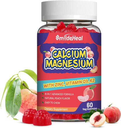 Calcium Magnesium Gummies 600MG, Calcium Magnesium Zinc Gummies with Vitamin D3 - High Absorption Complex Calcium Supplement, Vegan, 60 Counts