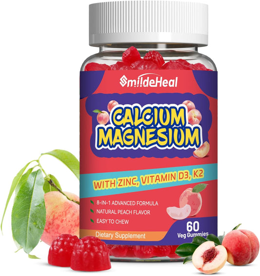 Calcium Magnesium Gummies 600MG, Calcium Magnesium Zinc Gummies with Vitamin D3 - High Absorption Complex Calcium Supplement, Vegan, 60 Counts