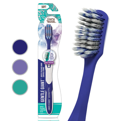 GuruNanda Gentle Giant Toothbrush with Dual Action Flossing Spiral Bristles, Non-Slip Ergo Dexa Grip, Helps in Teeth Whitening, BPA Free Manual Toothbrushes, Assorted Colors, 4 Count