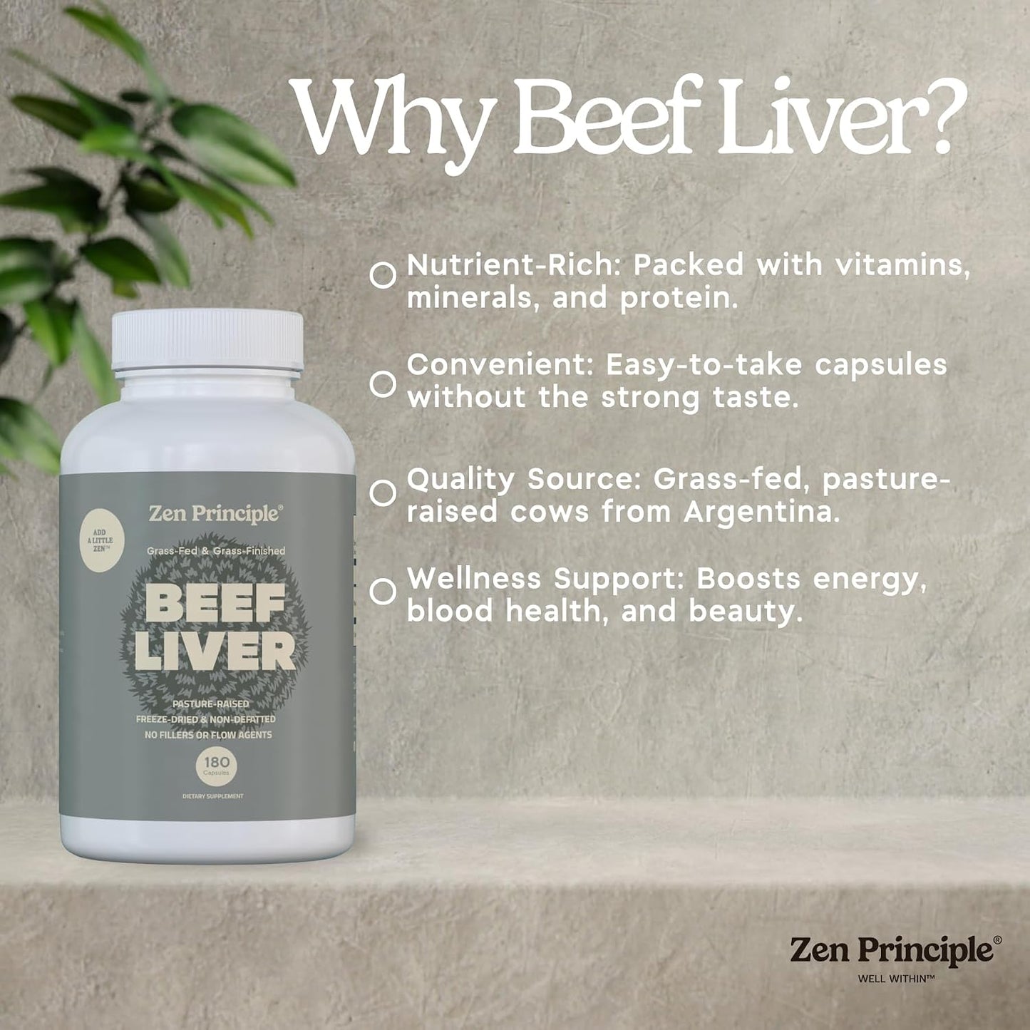Zen Principle Ultra-Pure Desiccated Beef Liver, Grass-Fed & Finished New Zealand, No Hormones or GMOs, Natural Energy & Workout Support with Iron, Amino Acids & Vitamins. 360 Capsules.