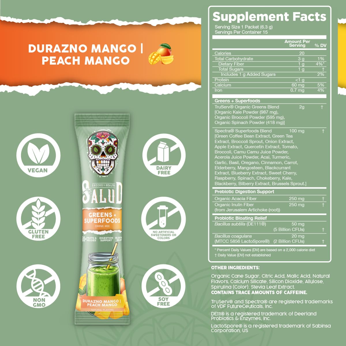 Salud 2-in-1 Greens Powder + Superfood Drink Mix, Strawberry Lime | 20+ Fruits and Veggies, Probiotics, Prebiotics, Supports Digestive Health, Bloating Relief, Vegan (15 Servings)