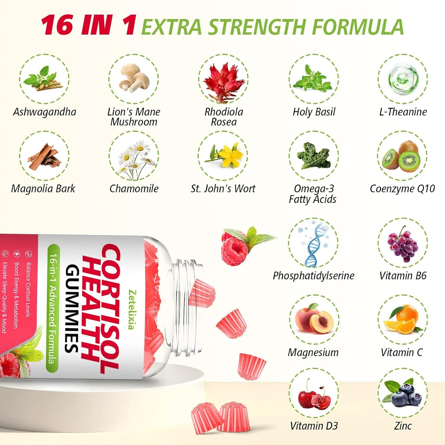 Cortisol Gummies for Women, 16-in-1 Sugar Free Cortisol Supplements for Women with Ashwagandha, Rhodiola Rosea, Magnesium, L-theanine for Relaxation, Zzz, Cognition, Raspberry Flavor, 60Ct