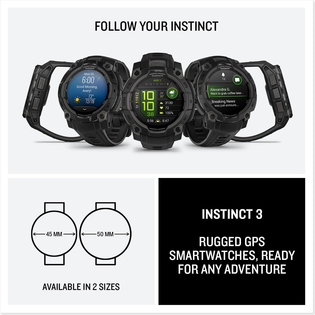 Garmin Instinct® 3 AMOLED, Rugged GPS Smartwatch, 45mm, Black