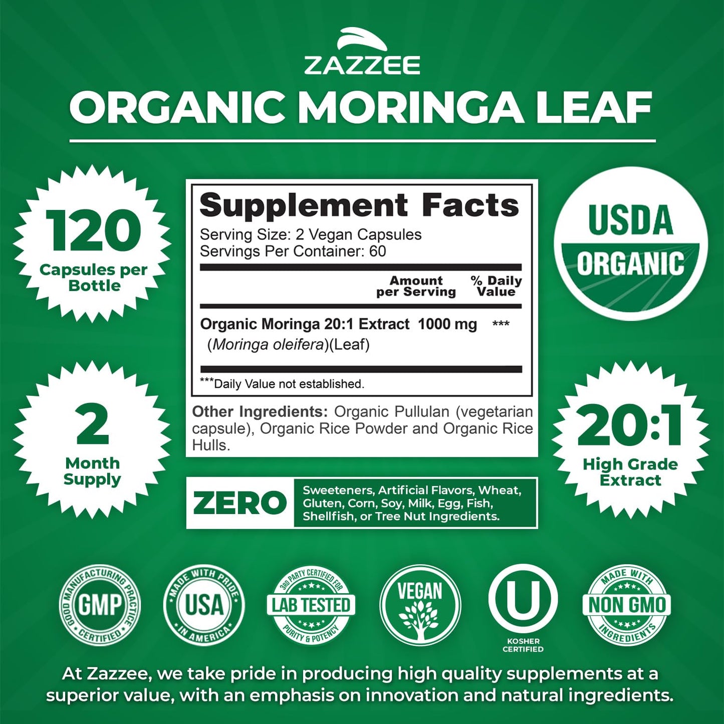 Zazzee USDA Organic Moringa Leaf 20:1 Extract, 180 Vegan Capsules, 3 Month Supply, Certified Kosher, Moringa Oleifera, Antioxidant, Immune & Cellular Support, Superfood Supplement, Made in the USA