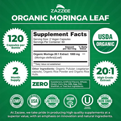 Zazzee USDA Organic Moringa Leaf 20:1 Extract, 180 Vegan Capsules, 3 Month Supply, Certified Kosher, Moringa Oleifera, Antioxidant, Immune & Cellular Support, Superfood Supplement, Made in the USA