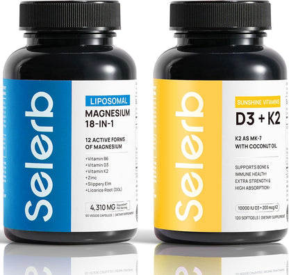 Selerb Liposomal 18 in 1 Magnesium Complex for Women and Men & Vitamin D3 K2 with Virgin Coconut Oil