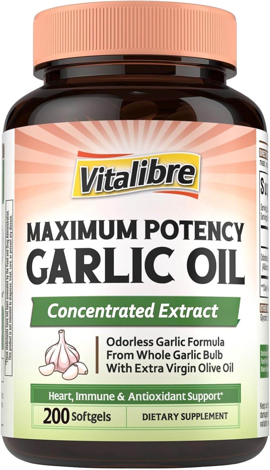 Odorless Garlic Oil, Maximum Potency, Concentrated Extract, Non-GMO, No Gluten, Heart & Immunity, Antioxidant Defense, 200 Softgels