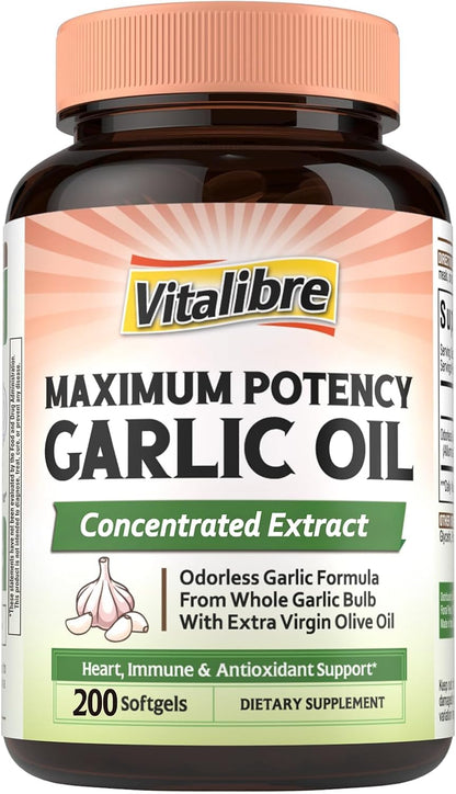 Odorless Garlic Oil, Maximum Potency, Concentrated Extract, Non-GMO, No Gluten, Heart & Immunity, Antioxidant Defense, 200 Softgels