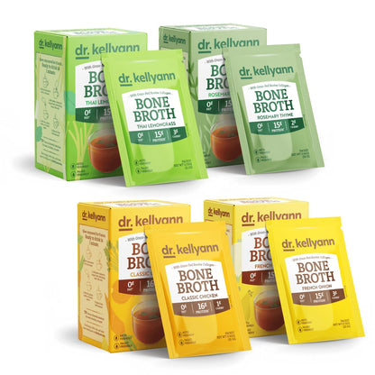 Dr. Kellyann Bone Broth Packets Variety Pack (4 Boxes, 28 Servings) – Grass-Fed Collagen, Keto & Paleo-Friendly