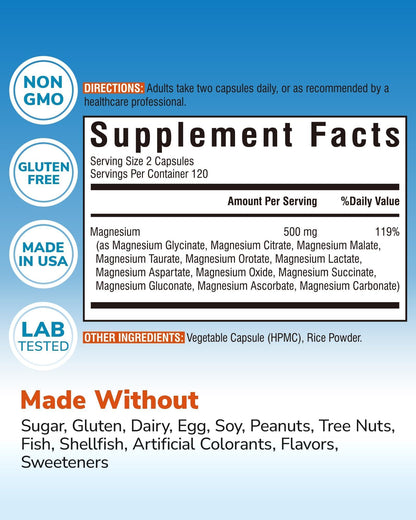 Vitalibre 12 in 1 Magnesium Complex 500mg for Women Men, 120 Vegan Capsules | Max Absorption Chelated Magnesium Glycinate Citrate Malate & More for Bone, Nerve & Digestive Support | Non-GMO