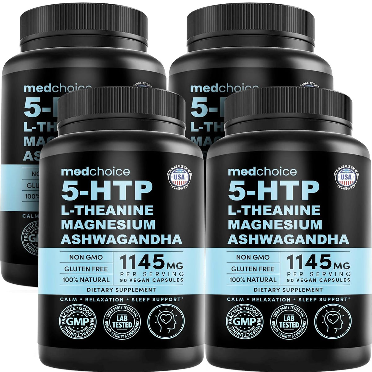 MEDCHOICE 15-in-1 Caffeine-Free Mood Support Supplement - 5HTP 200mg Capsules with L-Theanine, Magnesium, Ashwagandha, GABA, St. John's Wort and L-Tryptophan - 1145mg (90ct, Pack of 3)