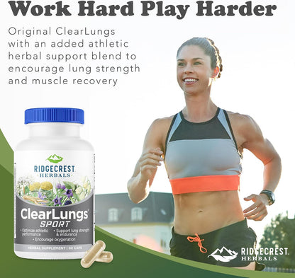 RidgeCrest Herbals ClearLungs Sport Oxygen and Lung Support 60 Ct | 30 Servings, Cordyceps, Rhodiola, Eleuthero, Natural Endurance, Stamina and Athletic Performance Support Formula
