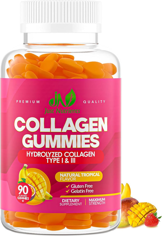 Just Nutrients Collagen Gummies for Women & Men (90 Count) | Premium Hydrolyzed Collagen Type I & III for Hair, Skin & Nails Support - Great Tasting Tropical Flavor, Gluten-Free