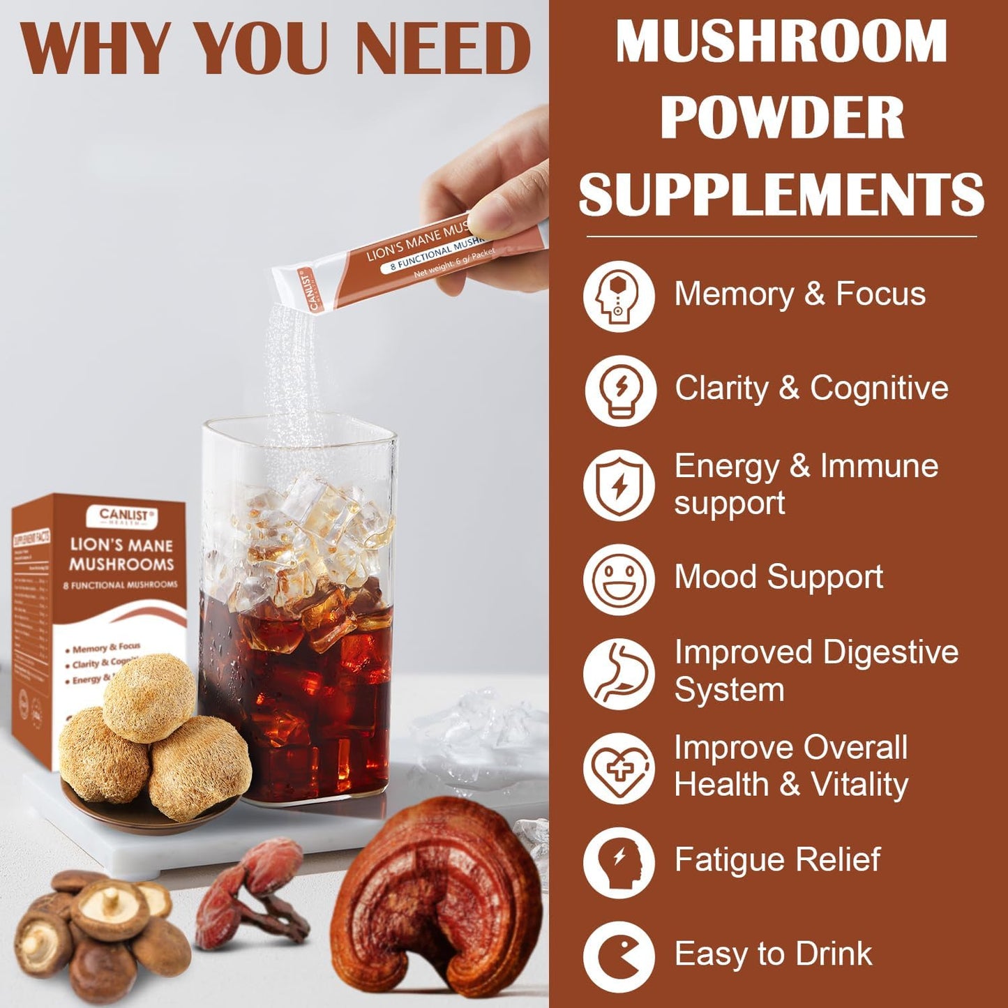 CANLIST Lion's Mane Mushroom Powder with Lions Mane, Cordyceps, Chaga, Reishi, Shiitake, Boletus, Agaricus Bisporus, Turkey Tail for Better Energy, Cognitive Focus & Immune Support, 20 Packets