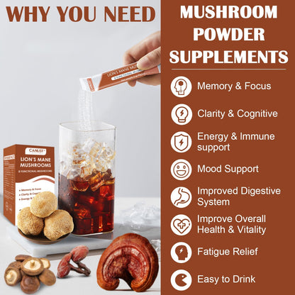 CANLIST Lion's Mane Mushroom Powder with Lions Mane, Cordyceps, Chaga, Reishi, Shiitake, Boletus, Agaricus Bisporus, Turkey Tail for Better Energy, Cognitive Focus & Immune Support, 20 Packets