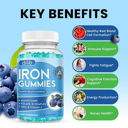 Iron Gummies with Multivitamin, Iron Supplement for Women & Men with Zinc, Vitamin B Complex & C, B12, Folate - Blood Builder & Energy Support for Adults & Kids - Strawberry Flavor, Vegan 60 Gummies