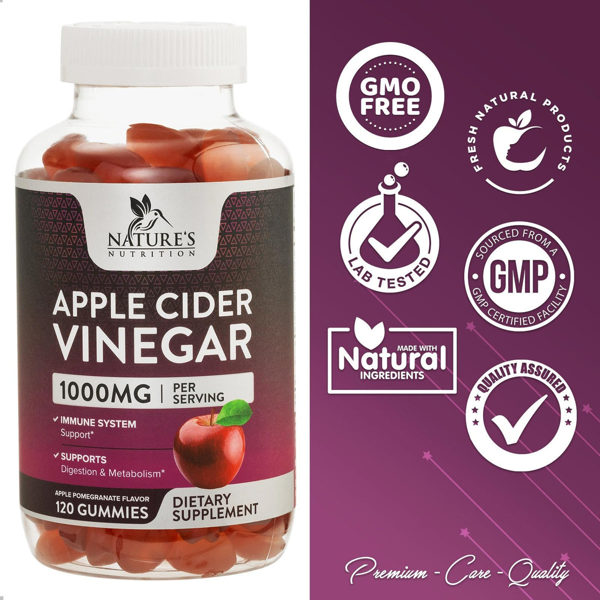 Nature's Nutrition Apple Vinegar Gummy for Weight Loss 1000mg - Vegan Apple Cider Vinegar