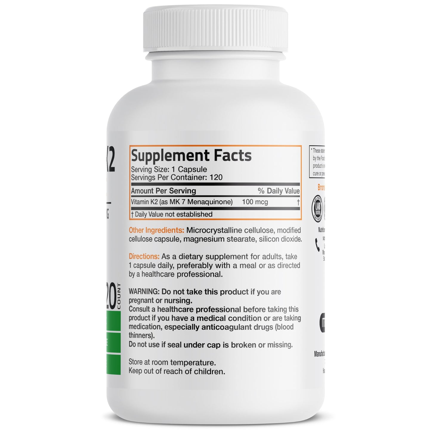 Bronson Vitamin K2 as MK-7 Menaquinone 100 mcg Non-GMO, 120 Capsules