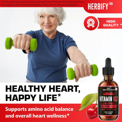 HERBIFY Vitamin B12 Methylated Multivitamin Energy Supplements for Women & Men - Liquid B12 Vitamins 5000 Mcg Methylcobalamin - Energy Support and Immune Health Liquid Vitamin - 30 Days Supply - 2 Oz