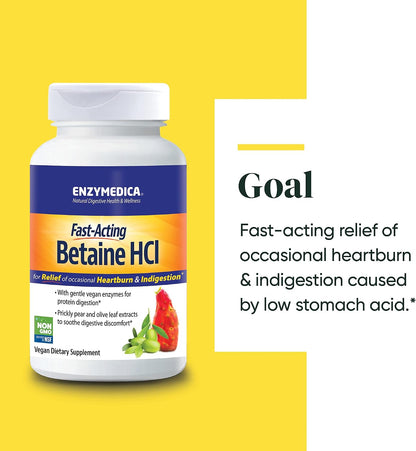 Enzymedica Betaine HCl for Men & Women - Betaine Hydrochloric Acid Supplement, Protease Digestive Enzyme Blend, Digestive Health Support, Occasional Heartburn & Indigestion Support, Vegan - 120 Caps