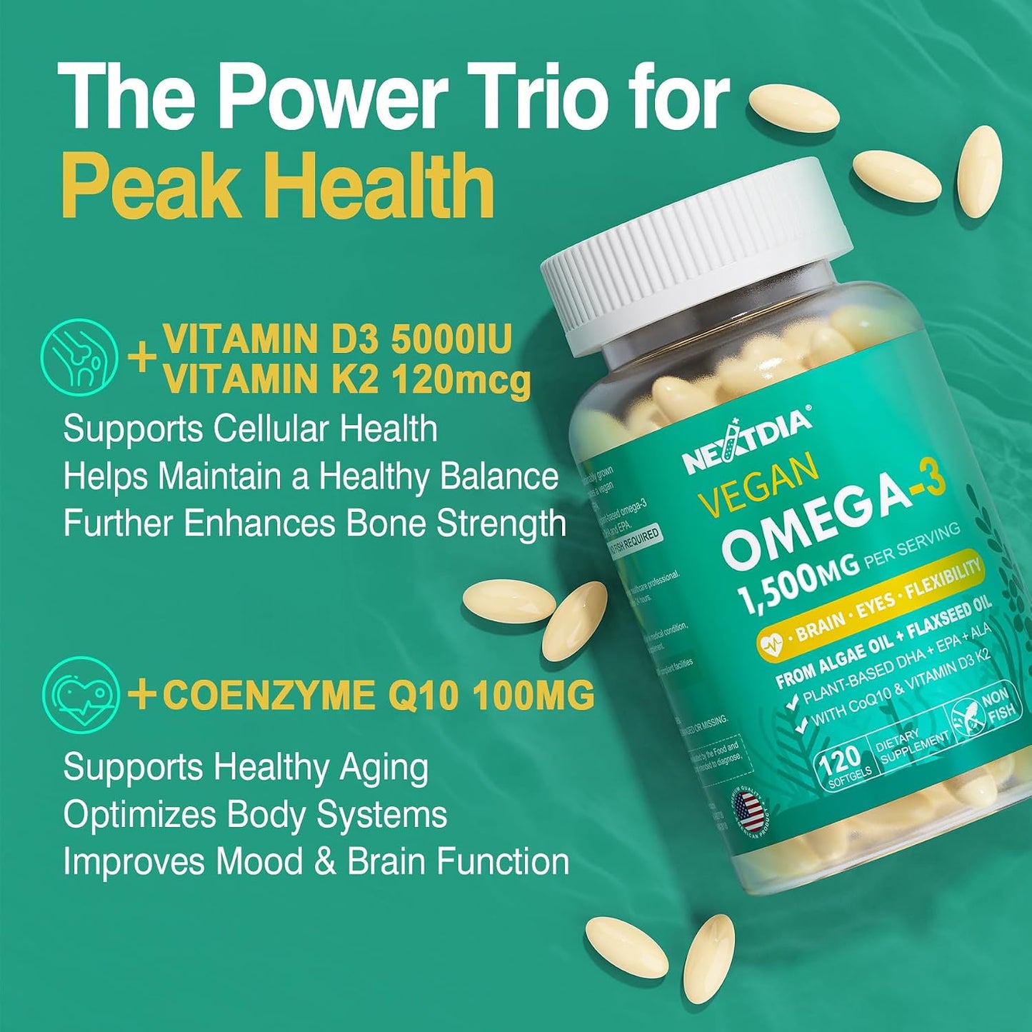 Vegan Omega 3 EPA DHA ALA Supplement + CoQ10, Vitamin D3 K2 (MK7) for Women Men | 1500mg Algae Oil as Fish Oil Alternative | Plant Based Omega 3 Mini Softgels for Bone, Brain, Eye, Skin | 120 Pills