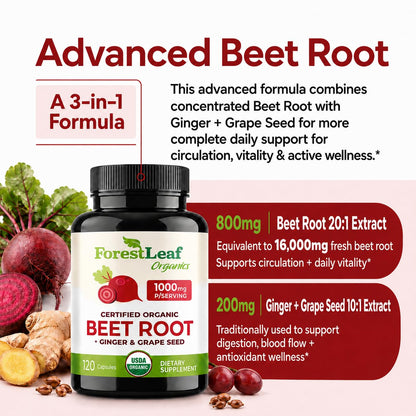 ForestLeaf USDA Organic Beet Root Capsules - Beetroot Supplement 1000mg 20:1 Extract w/Ginger Grape Seed - Support Blood Pressure, Nitric Oxide, Flow, Circulation - Made in USA - 120 Caps