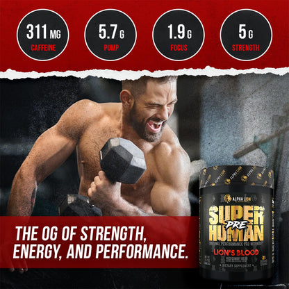 ALPHA LION Superhuman Pre Workout Powder, Beta Alanine, L-Taurine & Tri-Source Caffeine for Sustained Energy & Focus, Nitric Oxide & Citrulline for Pump (21 Servings, Sour Gummy Bear Flavor)
