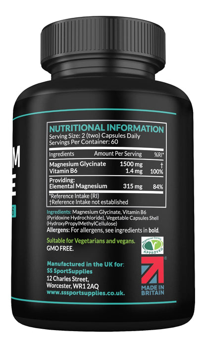 Magnesium Glycinate Supplements & Vitamin B6 - 120 High Strength Capsules